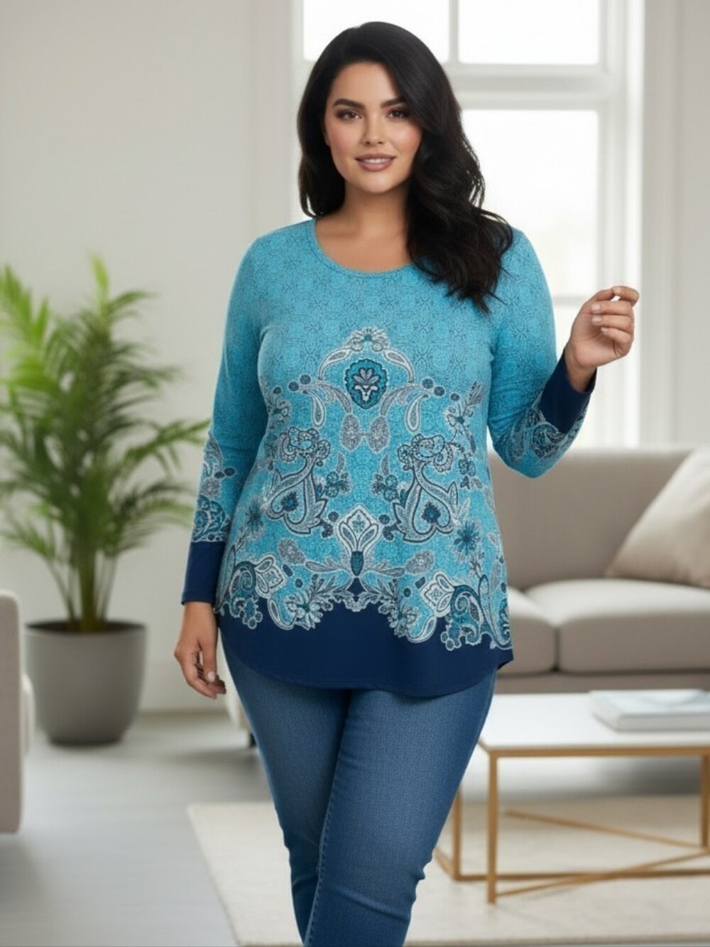 AVENUE DELILAH Blue Paisley Border Print Long-Sleeve Top